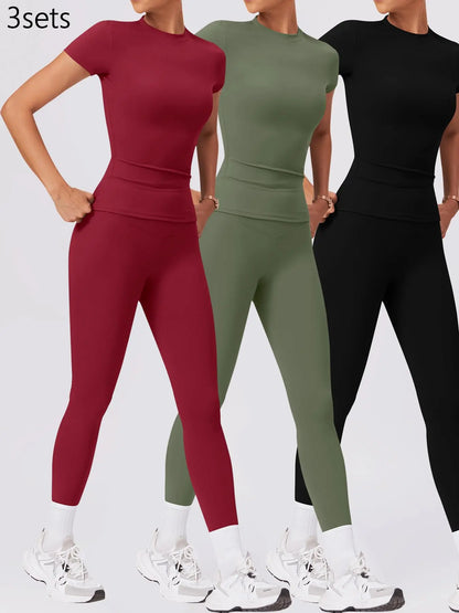 Women'S Two-Piece round Neck Tee & High-Waist Leggings Set, Sporty Comfy Breathable Quick-Drying Outfit for Yoga, Gym, Workout, Running and Cycling, Fitness Activewear, Athletic Workout Set, Workout Set, Fitness Clothes