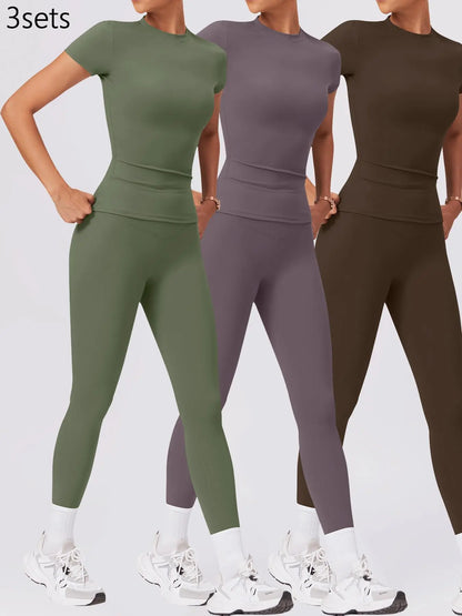 Women'S Two-Piece round Neck Tee & High-Waist Leggings Set, Sporty Comfy Breathable Quick-Drying Outfit for Yoga, Gym, Workout, Running and Cycling, Fitness Activewear, Athletic Workout Set, Workout Set, Fitness Clothes
