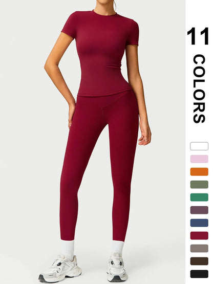 Women'S Two-Piece round Neck Tee & High-Waist Leggings Set, Sporty Comfy Breathable Quick-Drying Outfit for Yoga, Gym, Workout, Running and Cycling, Fitness Activewear, Athletic Workout Set, Workout Set, Fitness Clothes