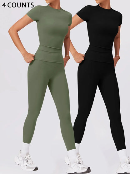 Women'S Two-Piece round Neck Tee & High-Waist Leggings Set, Sporty Comfy Breathable Quick-Drying Outfit for Yoga, Gym, Workout, Running and Cycling, Fitness Activewear, Athletic Workout Set, Workout Set, Fitness Clothes