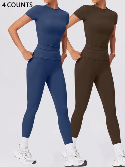 Women'S Two-Piece round Neck Tee & High-Waist Leggings Set, Sporty Comfy Breathable Quick-Drying Outfit for Yoga, Gym, Workout, Running and Cycling, Fitness Activewear, Athletic Workout Set, Workout Set, Fitness Clothes