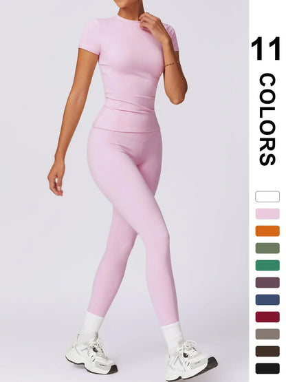 Women'S Two-Piece round Neck Tee & High-Waist Leggings Set, Sporty Comfy Breathable Quick-Drying Outfit for Yoga, Gym, Workout, Running and Cycling, Fitness Activewear, Athletic Workout Set, Workout Set, Fitness Clothes