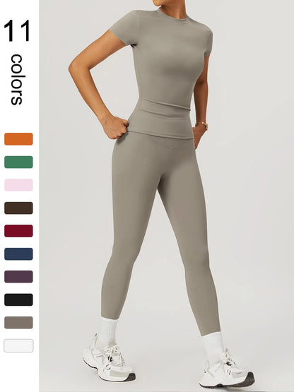 Women'S Two-Piece round Neck Tee & High-Waist Leggings Set, Sporty Comfy Breathable Quick-Drying Outfit for Yoga, Gym, Workout, Running and Cycling, Fitness Activewear, Athletic Workout Set, Workout Set, Fitness Clothes