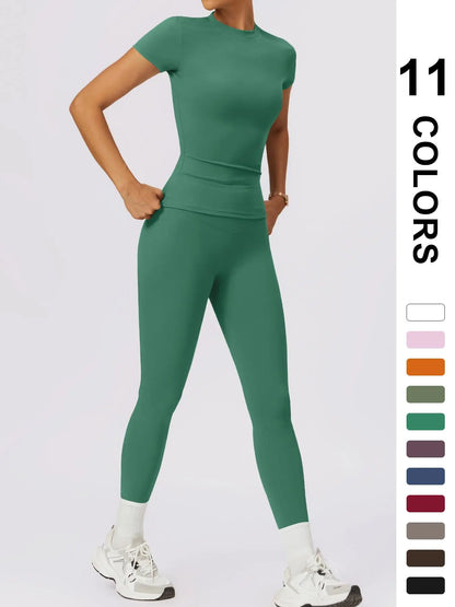 Women'S Two-Piece round Neck Tee & High-Waist Leggings Set, Sporty Comfy Breathable Quick-Drying Outfit for Yoga, Gym, Workout, Running and Cycling, Fitness Activewear, Athletic Workout Set, Workout Set, Fitness Clothes