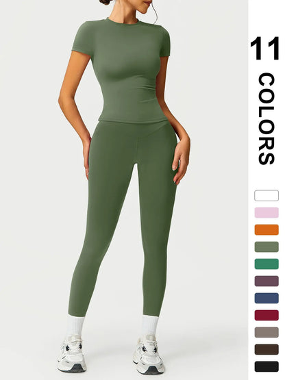 Women'S Two-Piece round Neck Tee & High-Waist Leggings Set, Sporty Comfy Breathable Quick-Drying Outfit for Yoga, Gym, Workout, Running and Cycling, Fitness Activewear, Athletic Workout Set, Workout Set, Fitness Clothes