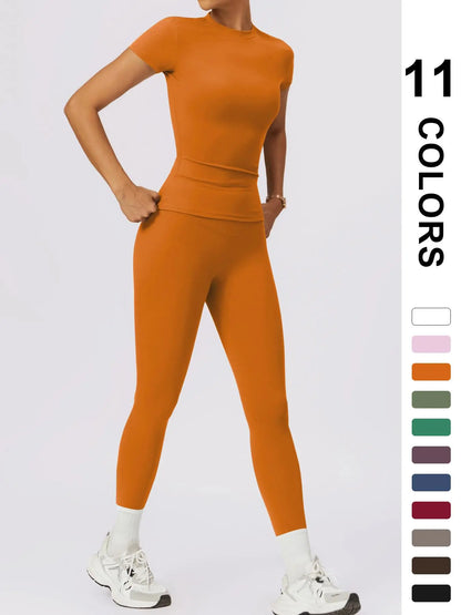 Women'S Two-Piece round Neck Tee & High-Waist Leggings Set, Sporty Comfy Breathable Quick-Drying Outfit for Yoga, Gym, Workout, Running and Cycling, Fitness Activewear, Athletic Workout Set, Workout Set, Fitness Clothes